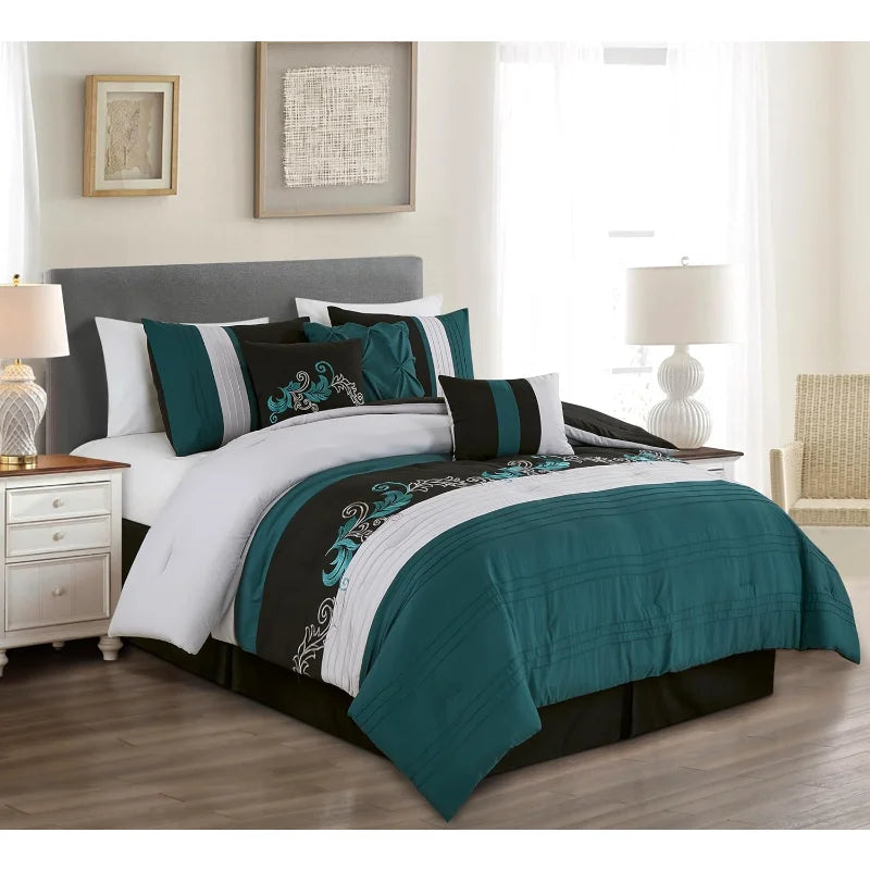 7-Piece Luxury Leaves Scroll Embroidery Bedding Comforter Set