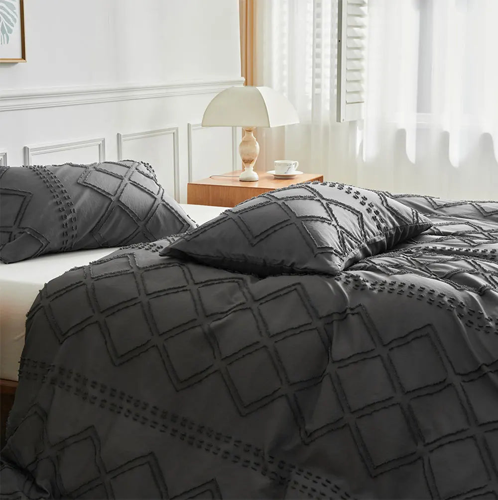 Midnight Grid Textured Boho Duvet Set