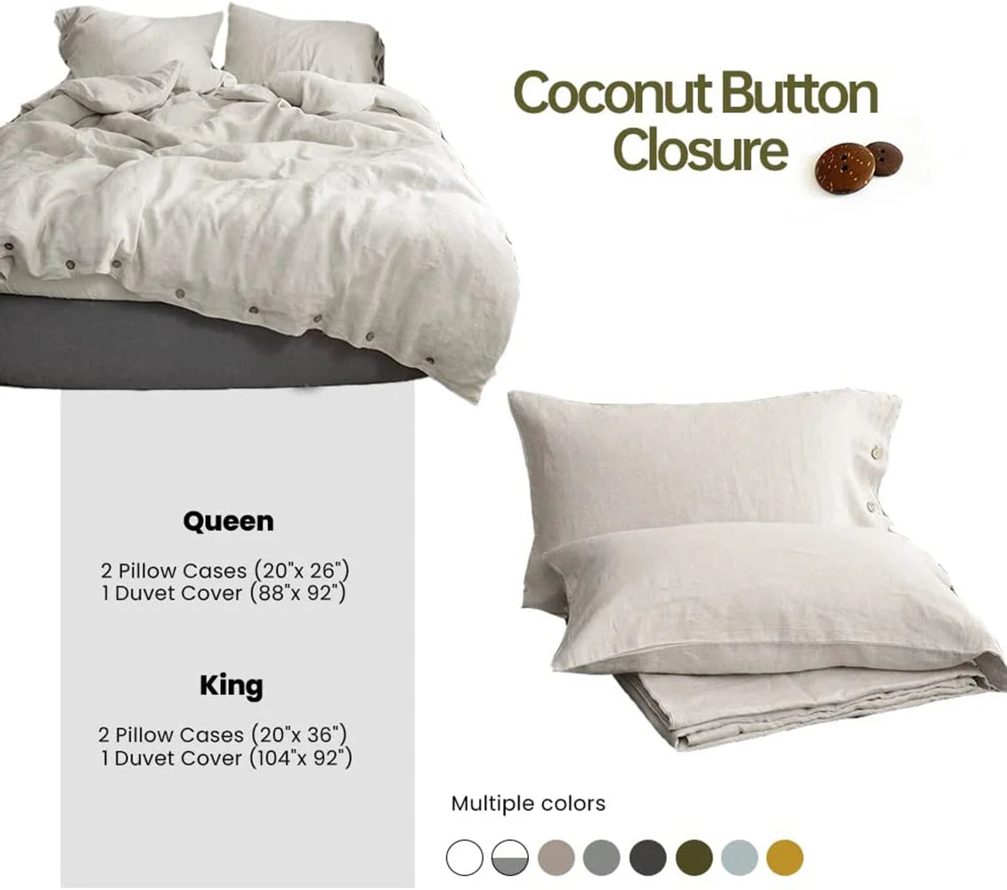 OEKO-TEX 100% Linen  Bedding Set with Coconut Button
