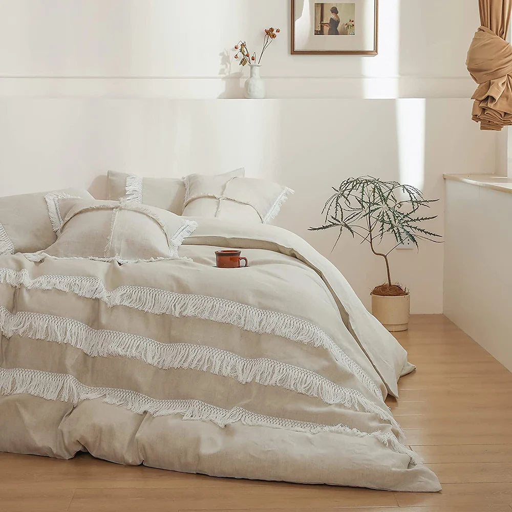 Ivory Drift Tassel Linen Duvet Set