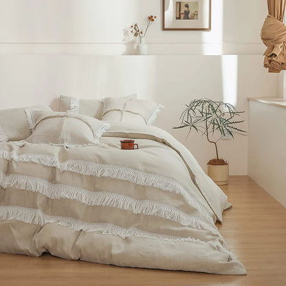 Ivory Drift Tassel Linen Duvet Set