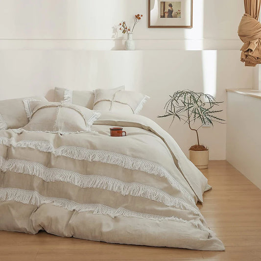 Ivory Drift Tassel Linen Duvet Set