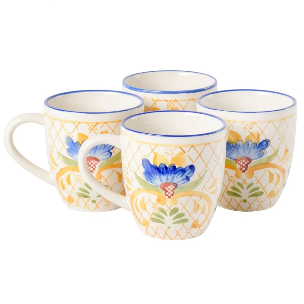 Tuscan Bloom Hand-Painted Stoneware Coffee Mug Set of 4