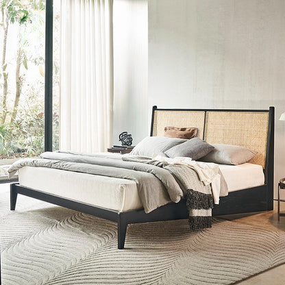 Vine Boho Noir Solid Wood & Rattan Bed Frame