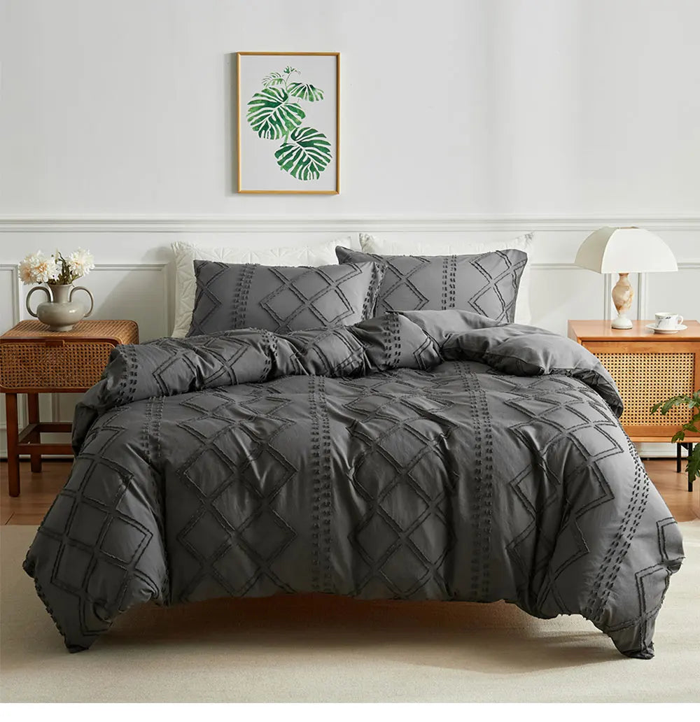 Midnight Grid Textured Boho Duvet Set