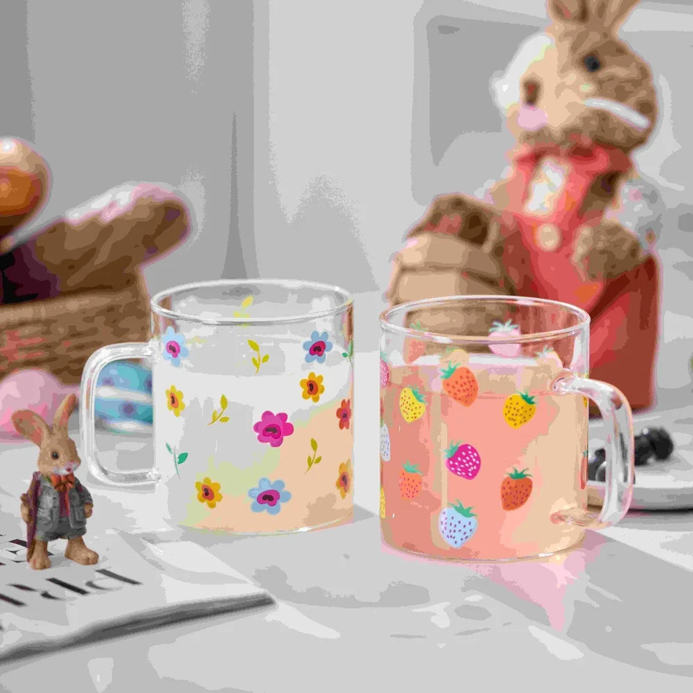 BerryBloom Floral Glass Mug Set (4-Piece)