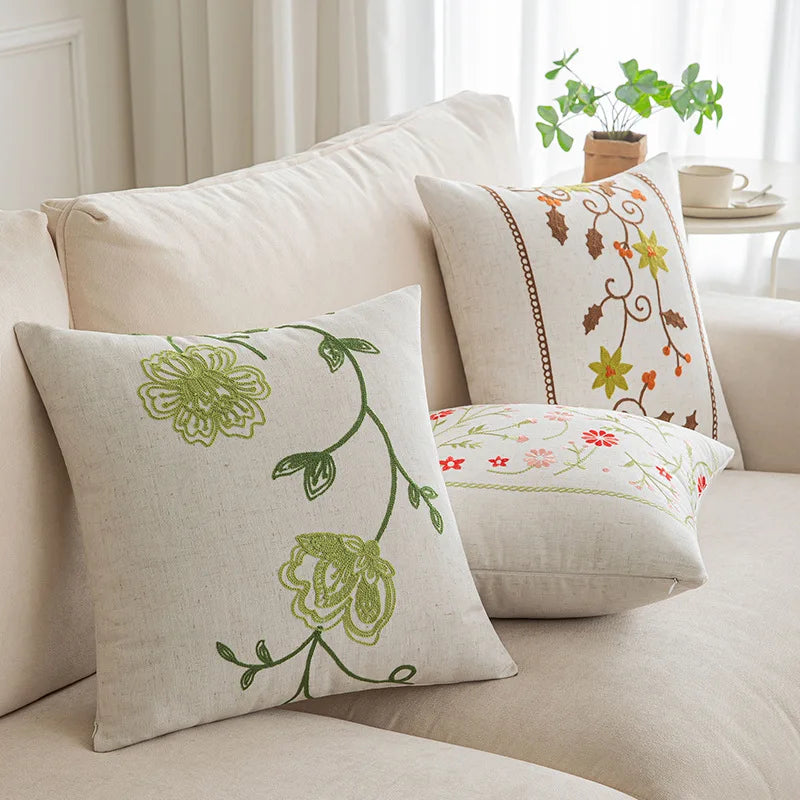 Floral Vine Embroidered Cushion Throw Pillow Cover