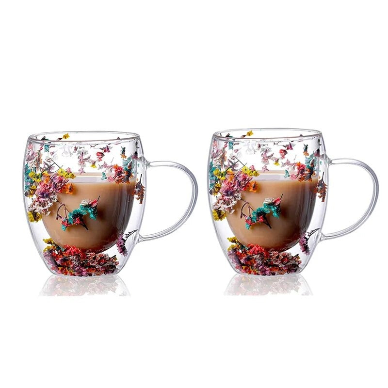 2pcs Dry Flowers Double Wall Glass Mug – Blackbrdstore