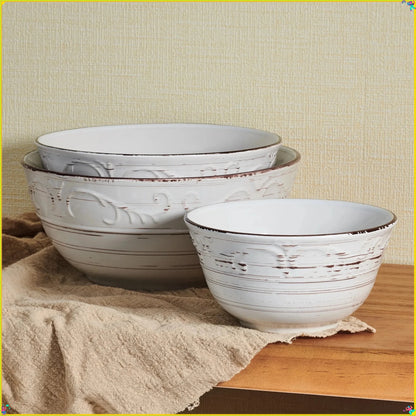 Rustic White Trellis Stoneware Serving Bowl Set Of 3 Pieces