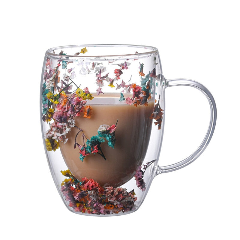 2pcs Dry Flowers Double Wall Glass Mug – Blackbrdstore