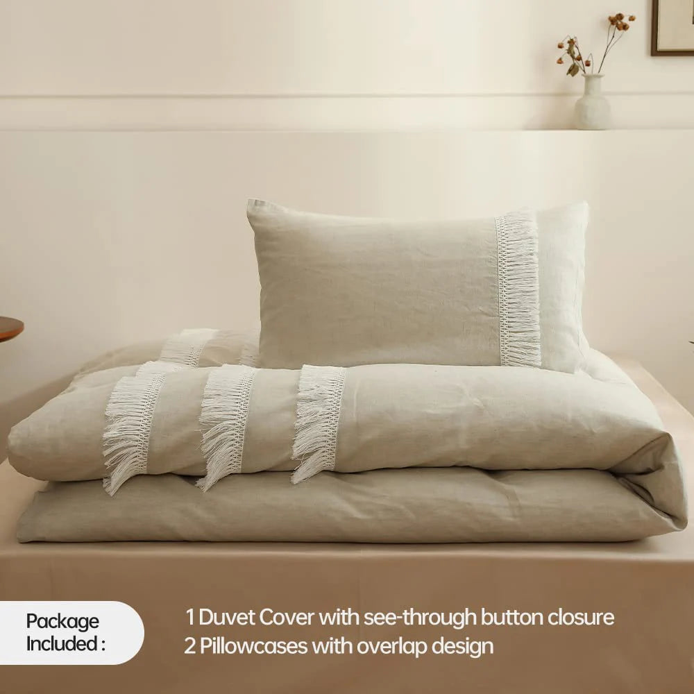Ivory Drift Tassel Linen Duvet Set