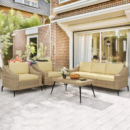 3 Seater Wicker Outdoor Sofa with Thick Cushions & Rattan Table