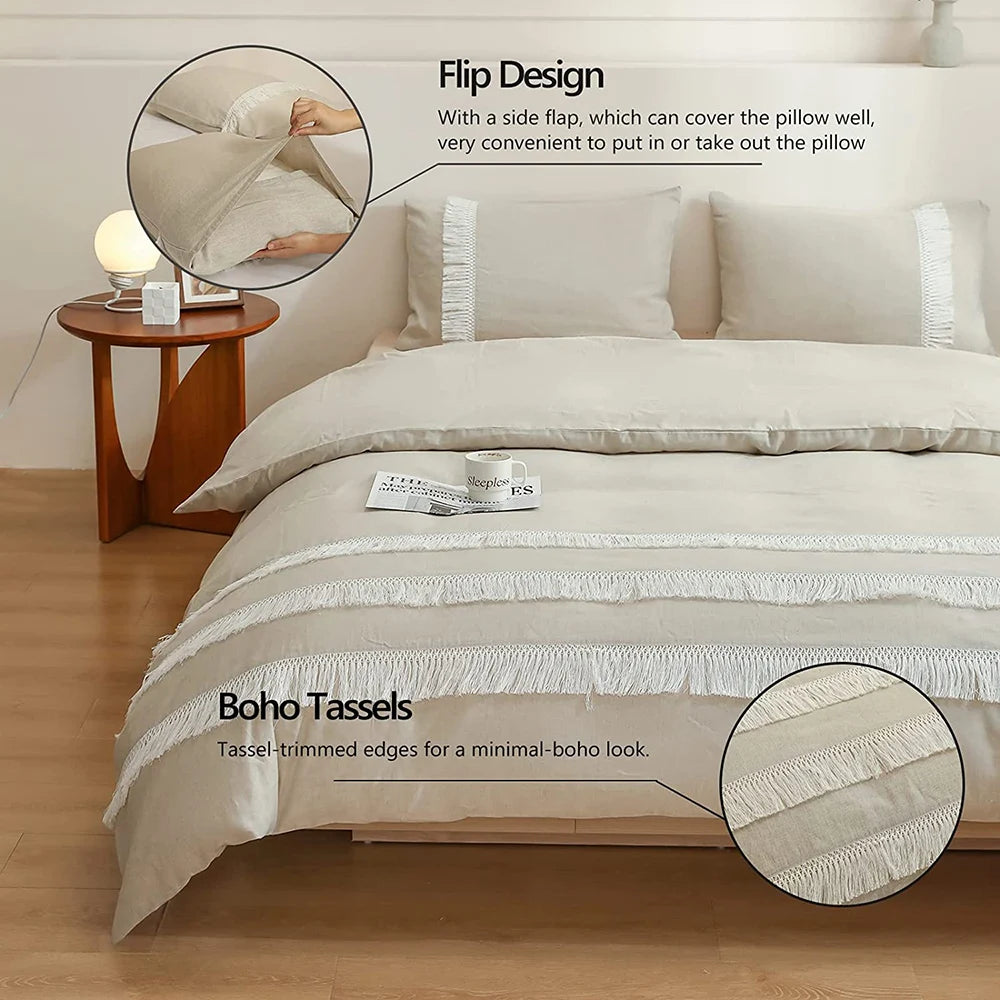 Ivory Drift Tassel Linen Duvet Set
