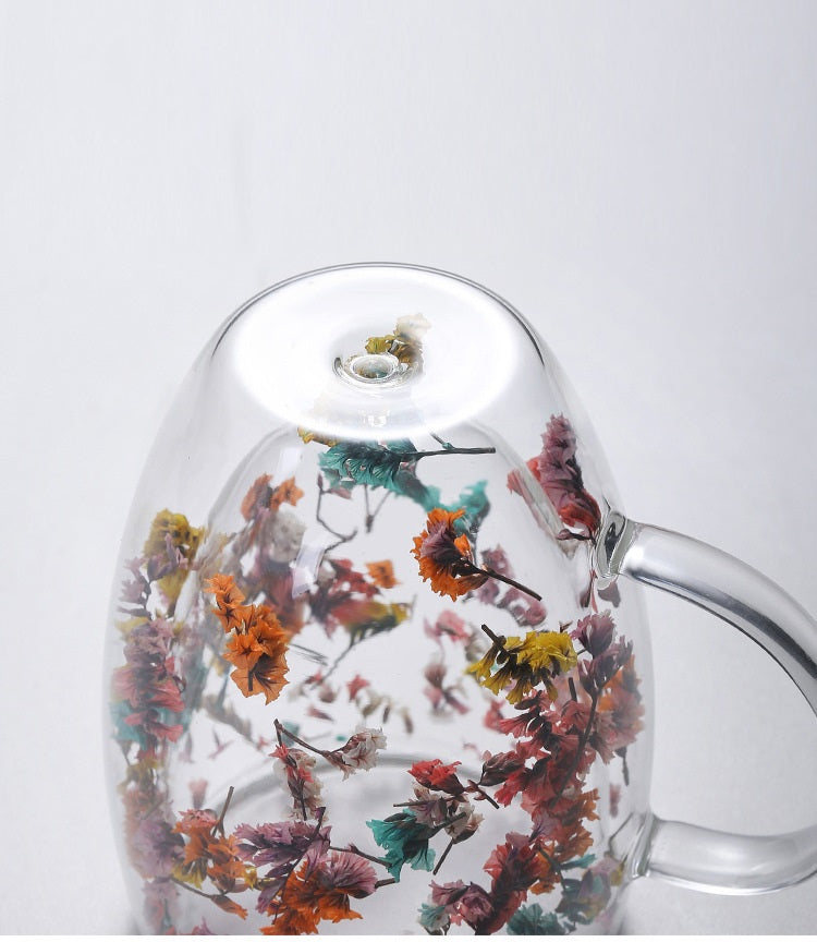 Double Wall Dry Flowers Glass Mug