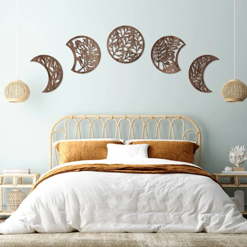 LunarLeaf Harmony – Wooden Moon Phase Wall Hanging