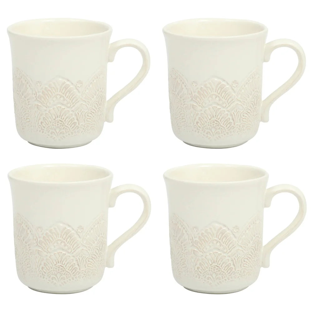 Lacehaven Vintage Embossed Ceramic Mug Set (4-Piece)