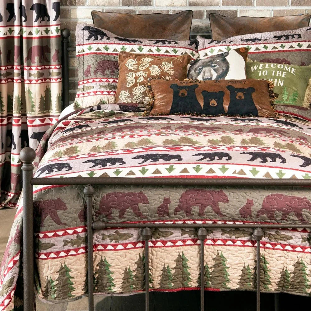 Rustic Bear Stripe 3-Piece Microfiber Quilt Set
