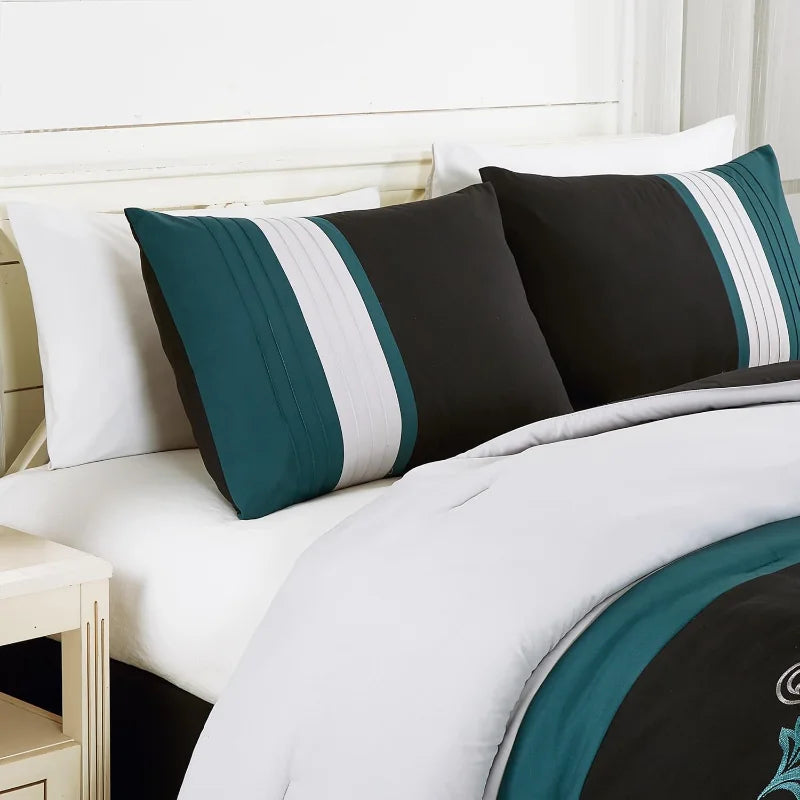 7-Piece Luxury Leaves Scroll Embroidery Bedding Comforter Set