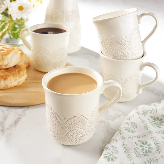 Lacehaven Vintage Embossed Ceramic Mug Set (4-Piece)