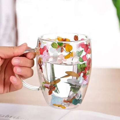 Colorful Dried Flower Double Wall Glass Mug