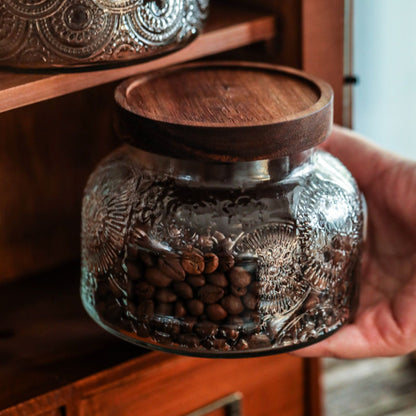 Retro Carved Wooden Lid Glass Jar