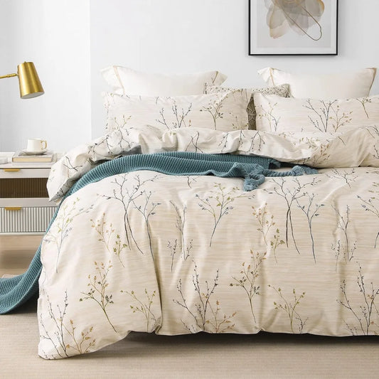 Whispering Branches Egyptian Cotton Bedding Set – 1200TC Cream Floral Queen Duvet Cover