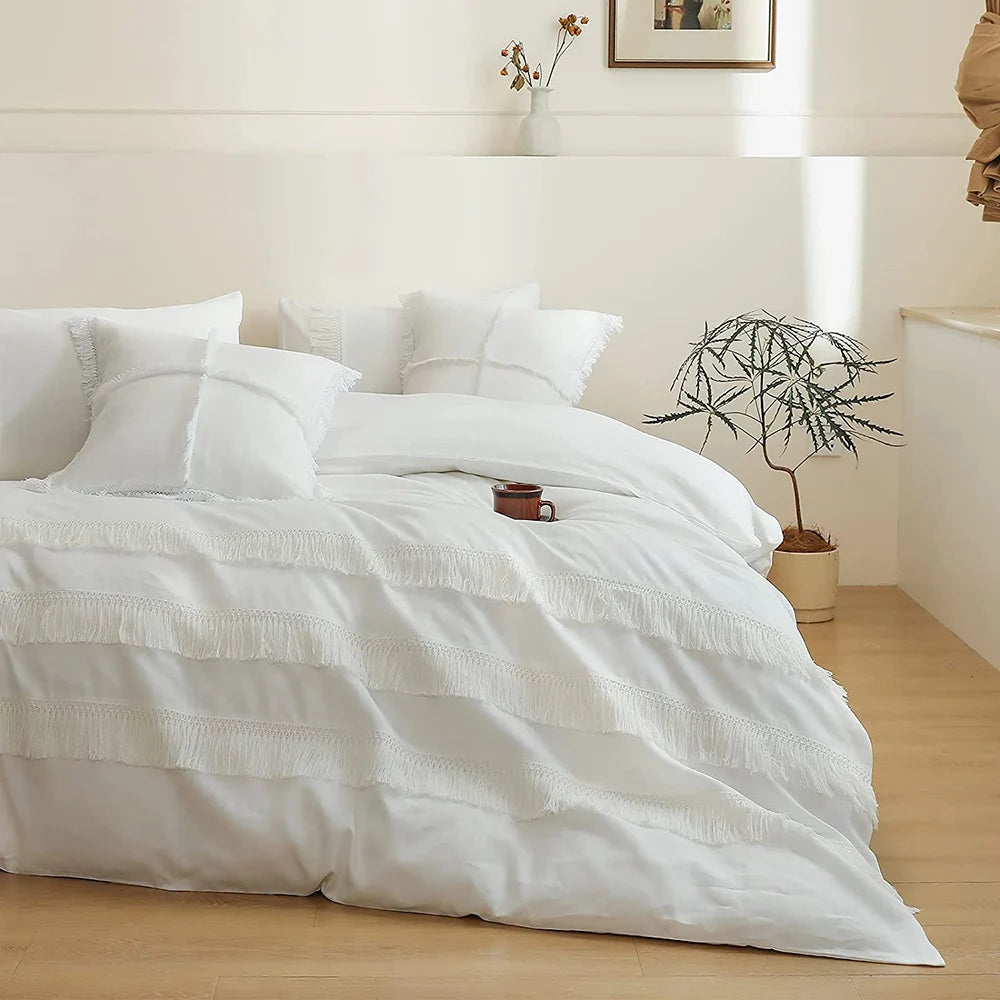 Ivory Drift Tassel Linen Duvet Set