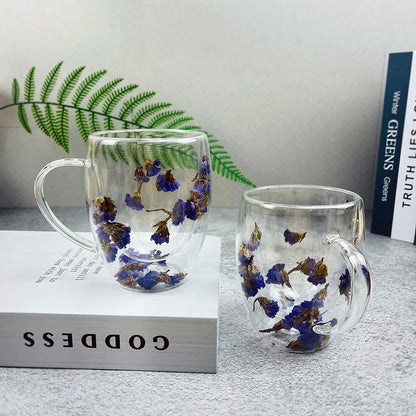 Double-layer Real Dried Flowers Glass Mug