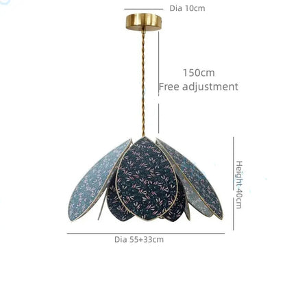 Decorative pendant light with floral design and measurement details on a white background