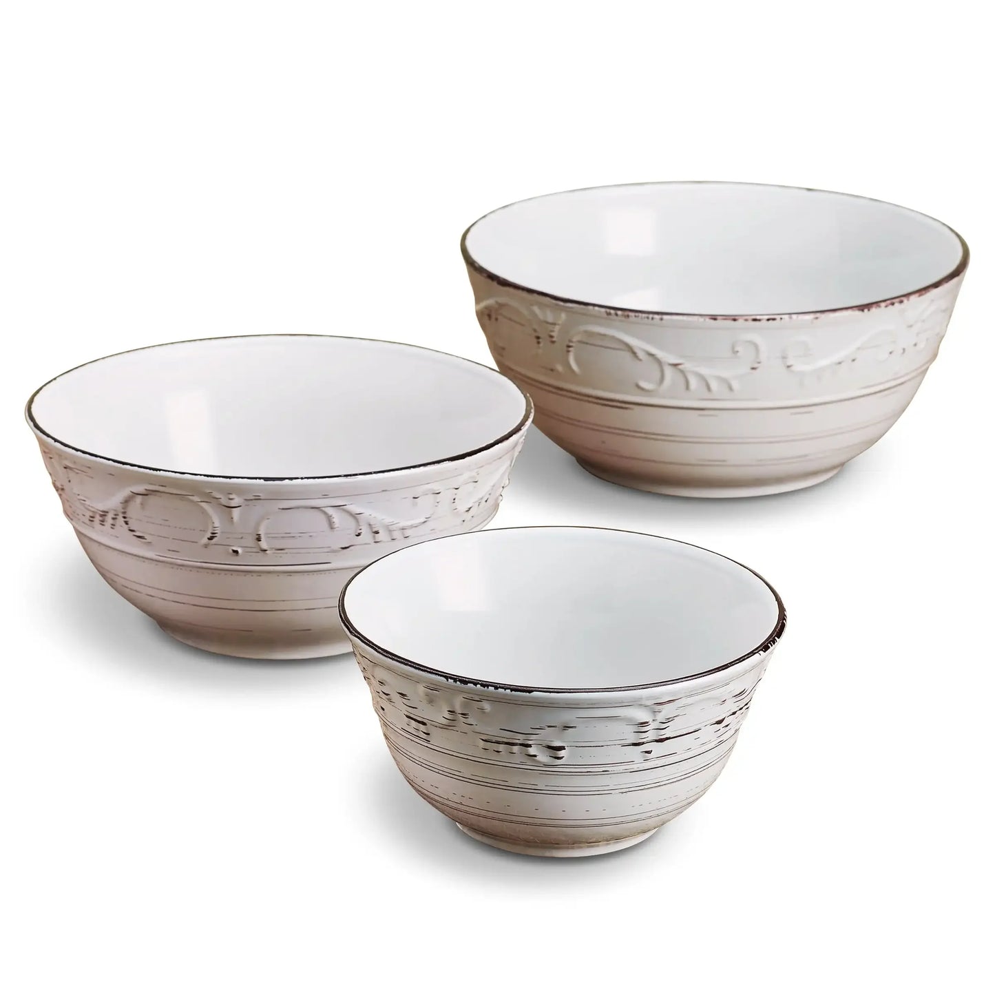 Rustic White Trellis Stoneware Serving Bowl Set Of 3 Pieces