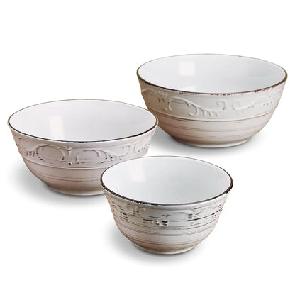 Rustic White Trellis Stoneware Serving Bowl Set Of 3 Pieces