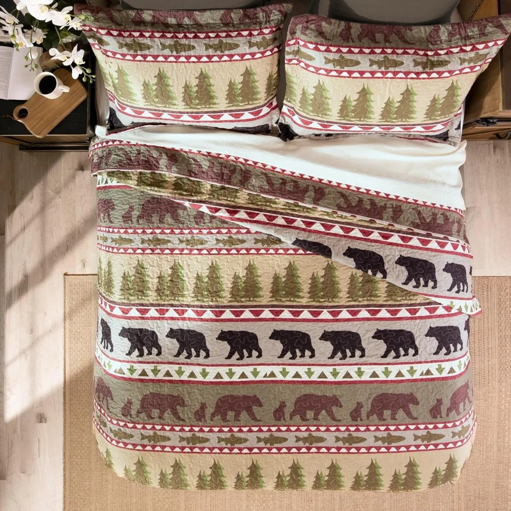 Rustic Bear Stripe 3-Piece Microfiber Quilt Set