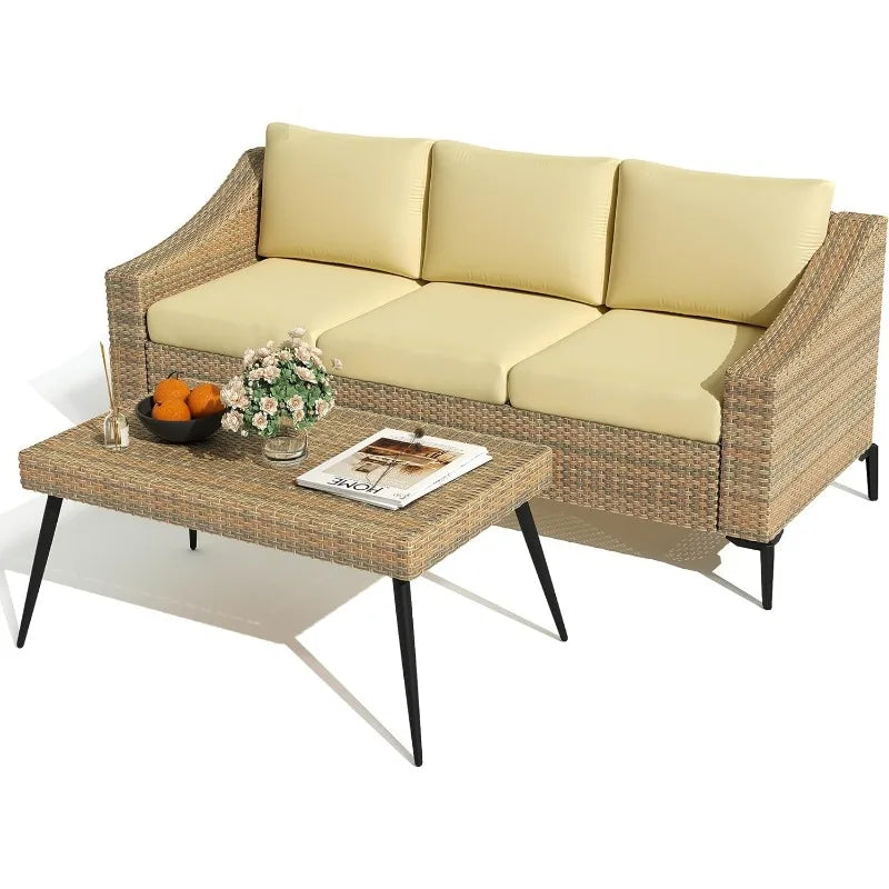3 Seater Wicker Outdoor Sofa with Thick Cushions & Rattan Table