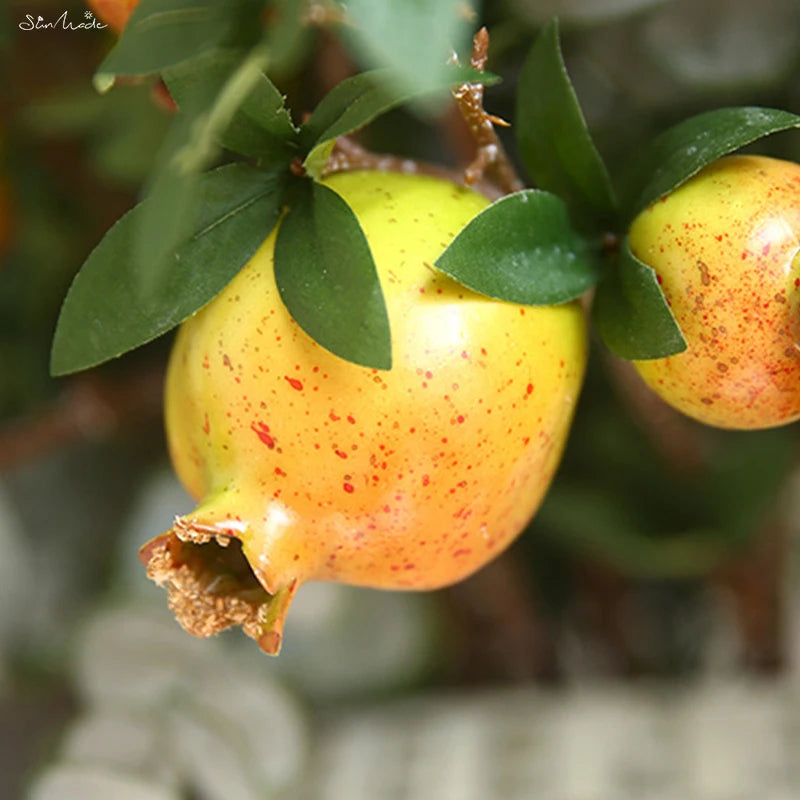 6 Headed Artificial Pomegranate Fruit Branch with Leaves