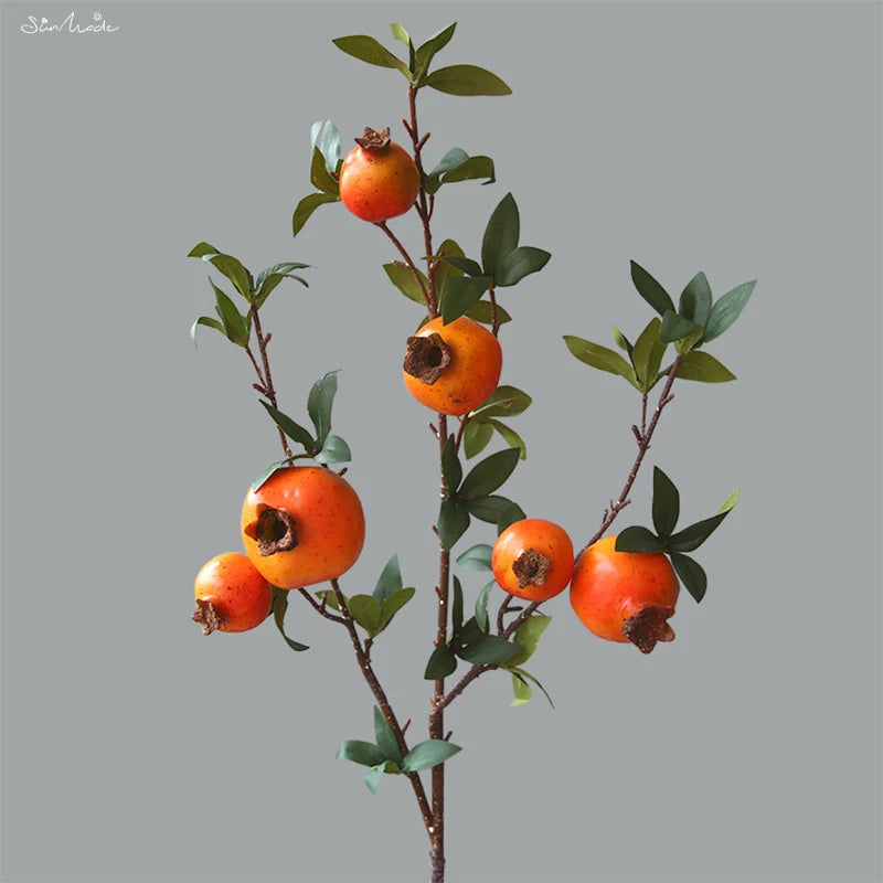 6 Headed Artificial Pomegranate Fruit Branch with Leaves