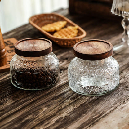 Retro Carved Wooden Lid Glass Jar