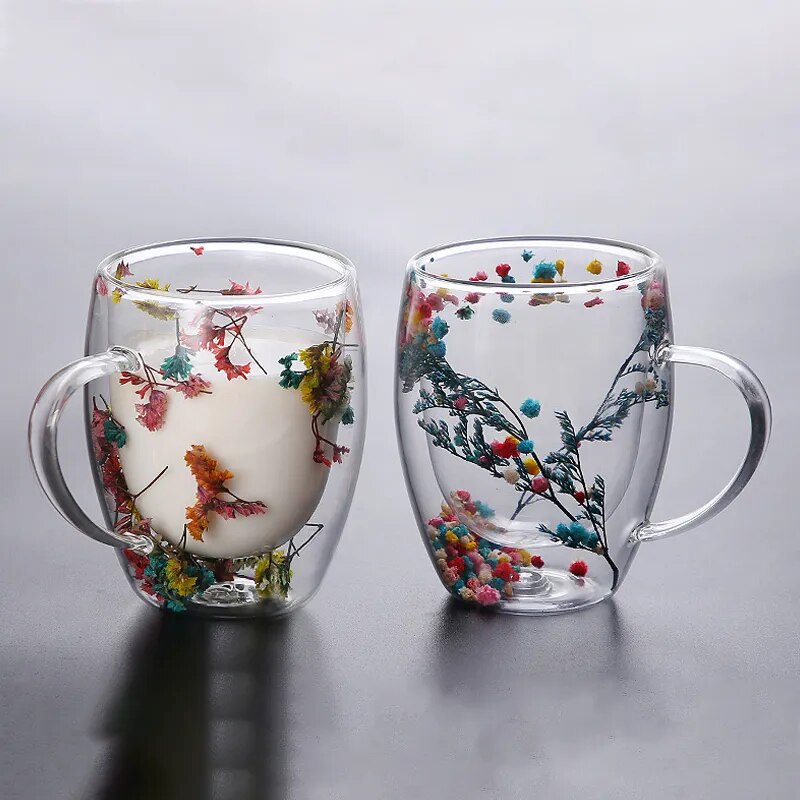 2pcs Dry Flowers Double Wall Glass Mug – Blackbrdstore