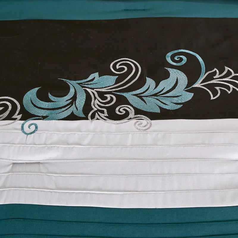 7-Piece Luxury Leaves Scroll Embroidery Bedding Comforter Set