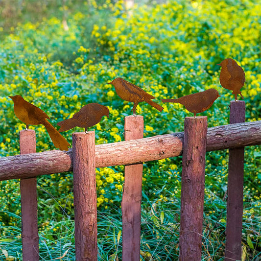 4pcs Rusty Metal Bird Set Fence Decor