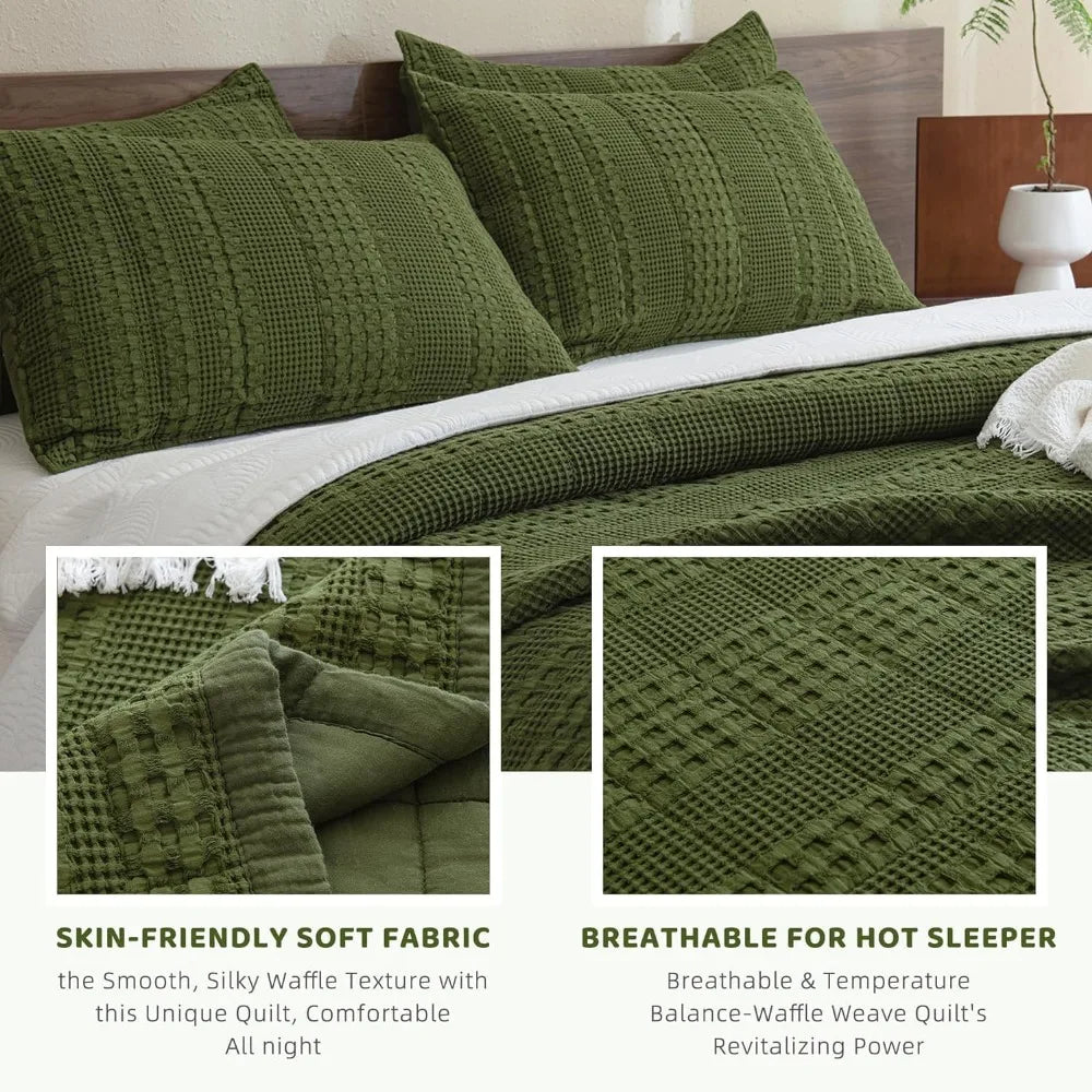 The Olive Retreat Waffle Quilt Coverlet Set