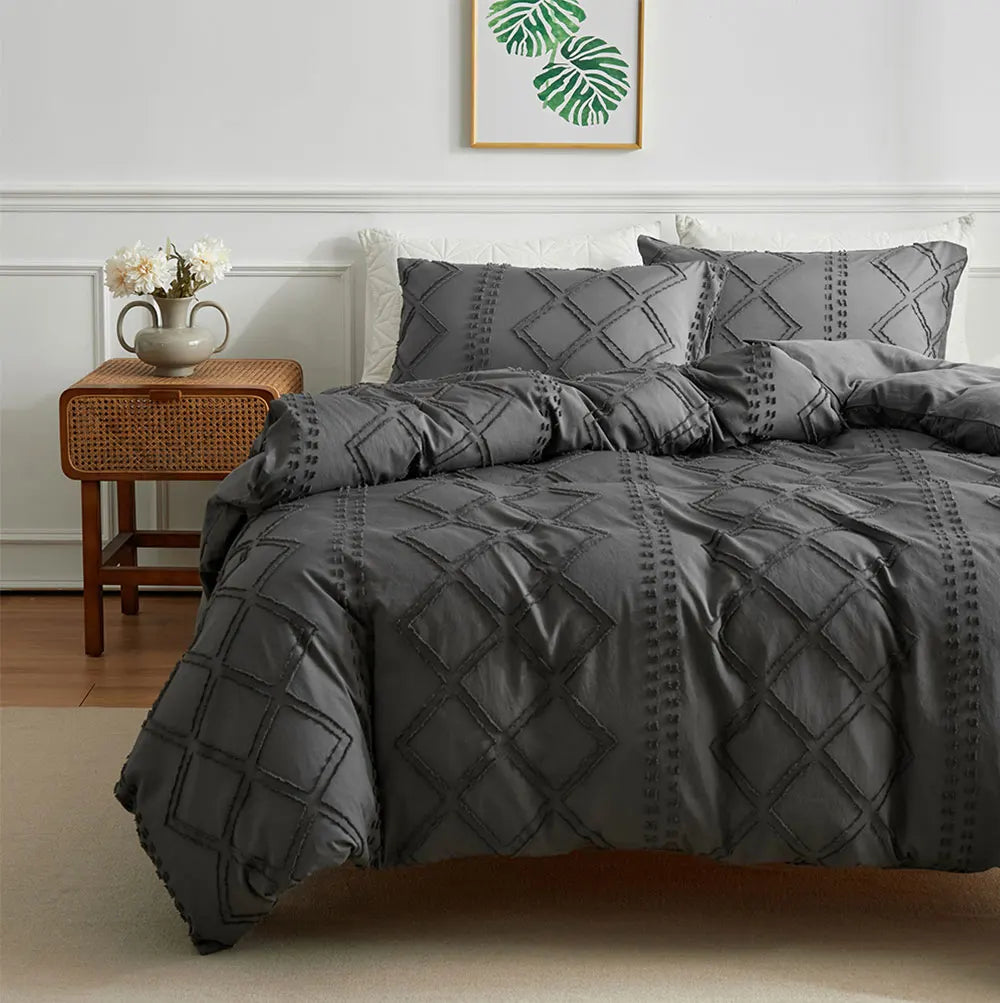 Midnight Grid Textured Boho Duvet Set