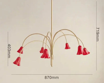 Chandelier with red lampshades and gold fixtures, shown with dimensions on a beige background.