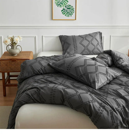 Midnight Grid Textured Boho Duvet Set