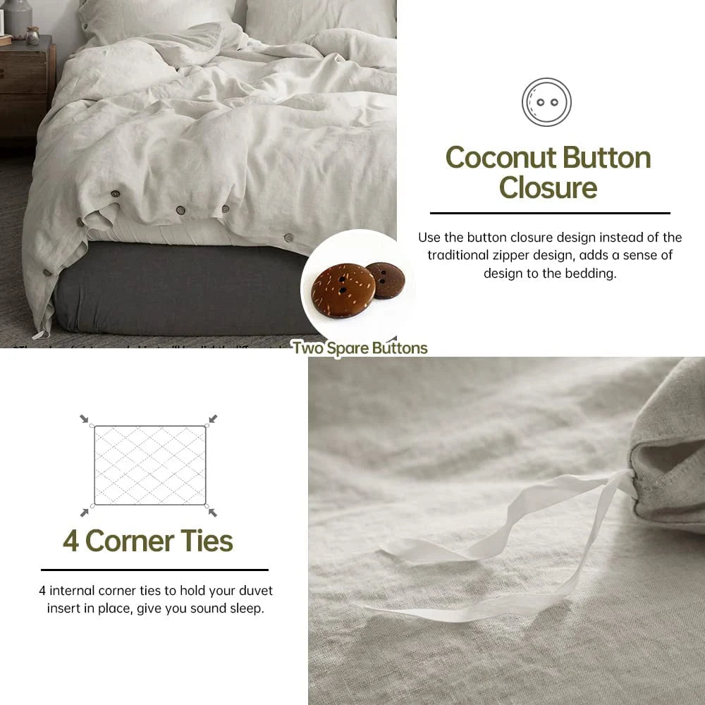 OEKO-TEX 100% Linen  Bedding Set with Coconut Button