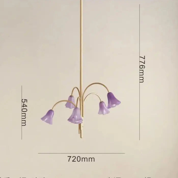 Chandelier with purple glass shades and gold fixture, shown with dimensions on a beige background.