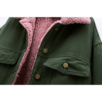 Army Green With Pink Fur Liner Denim Jacket