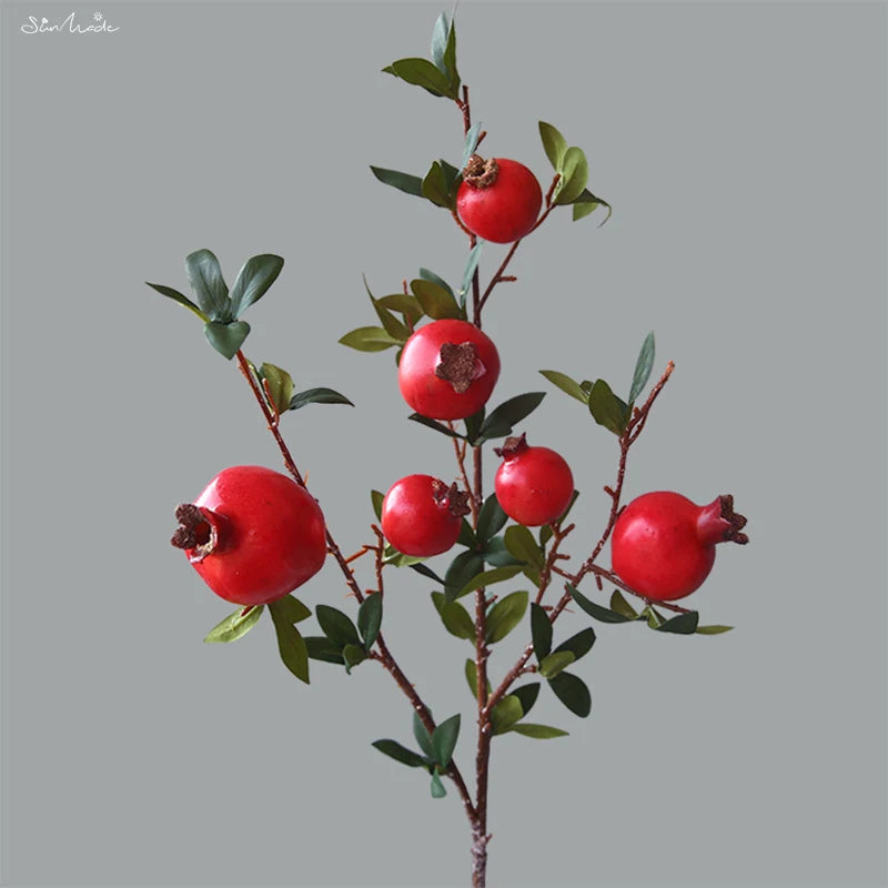 6 Headed Artificial Pomegranate Fruit Branch with Leaves