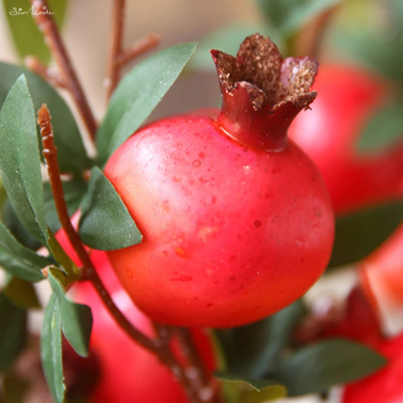 6 Headed Artificial Pomegranate Fruit Branch with Leaves