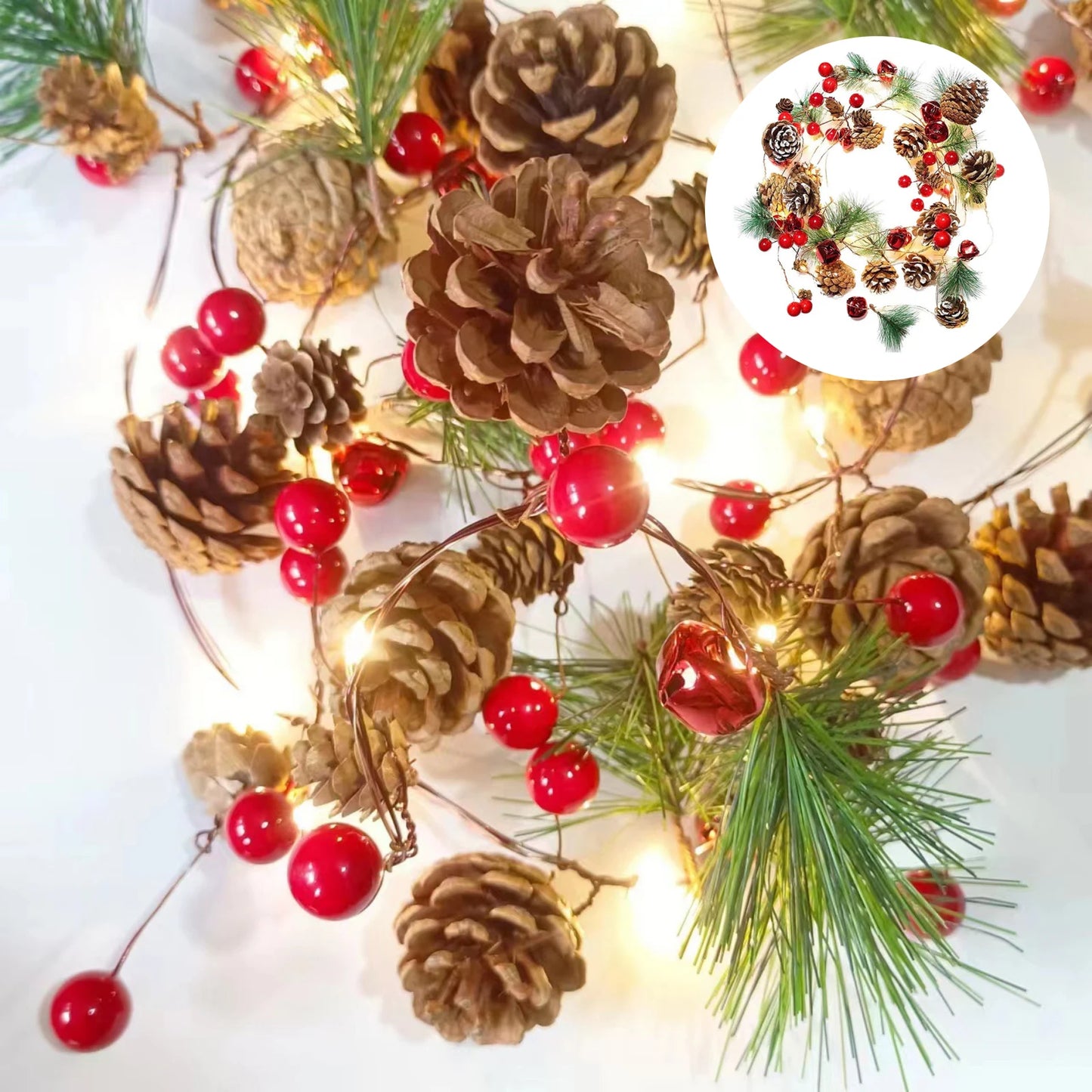 Pinecone Berry Christmas Garland with Pre-Installed Lights