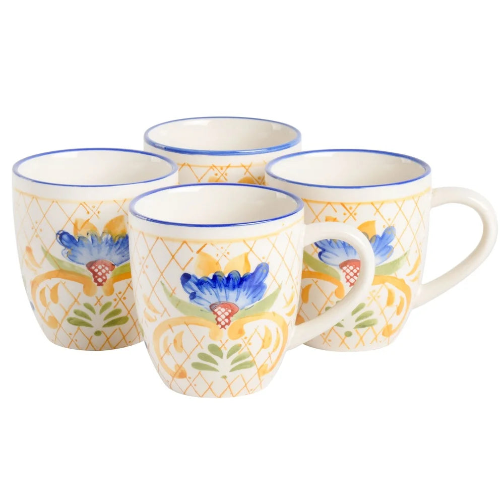 Tuscan Bloom Hand-Painted Stoneware Coffee Mug Set of 4